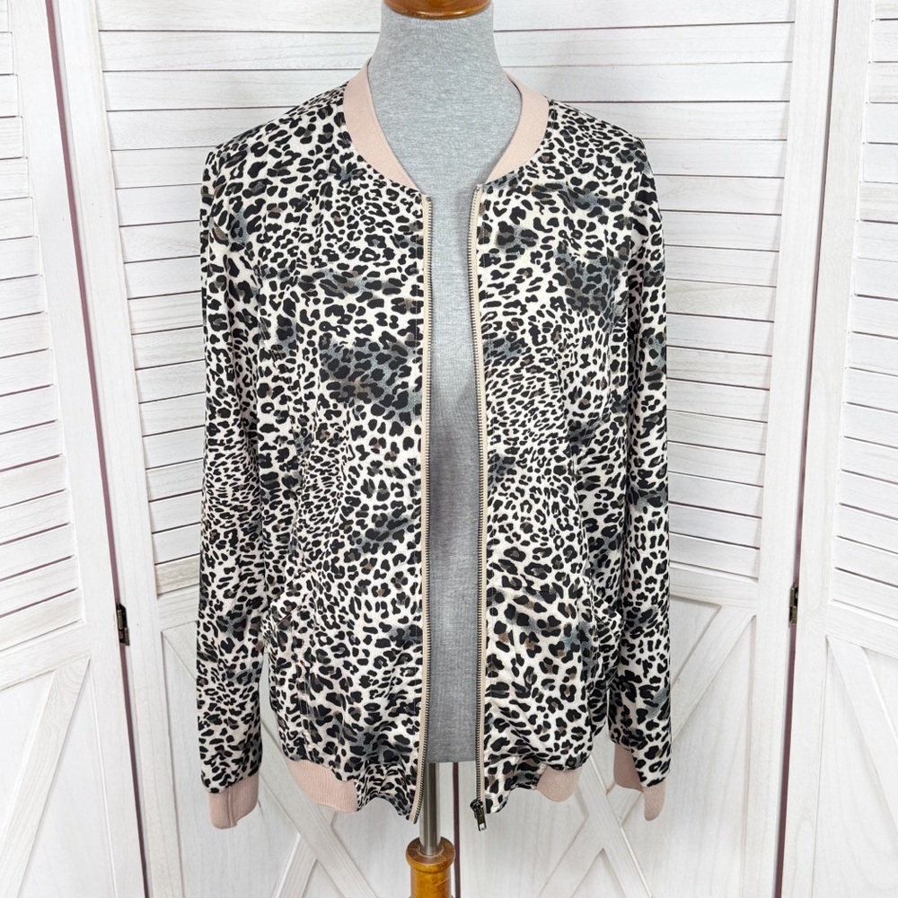 Kori Leopard Print‎ Lightweight Zip Up Bomber Track Jacket Tan Black Medium